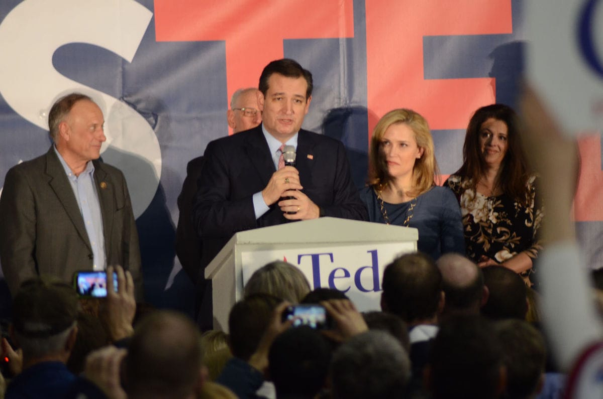 Ted Cruz speaking at the Iowa State Fair Elwell Family Food center in Des Moines after winning the Iowa Republican presidential precinct caucus preference vote on Feb. 1, 2016.