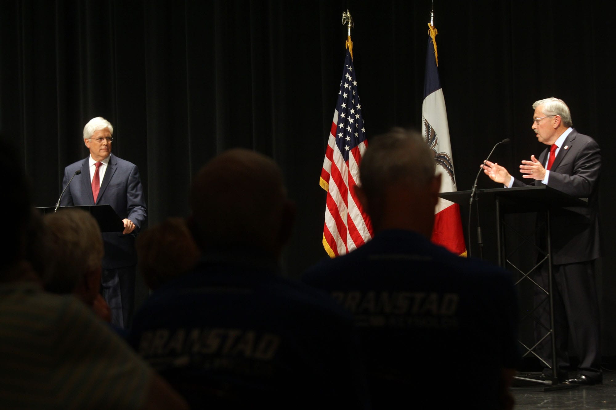 Iowa Gov. Terry Branstad, right, and Iowa Sen. Jack Hatch during their debate on economic development and job growth Saturday Sept. 20, 2014, at Edward Stone Middle School in Burlington, Iowa. The 2nd Iowa Gubernatorial Debate was sponsored by The Hawk Eye newspaper, KWQC TV and The Greater Burlington Partnership.
