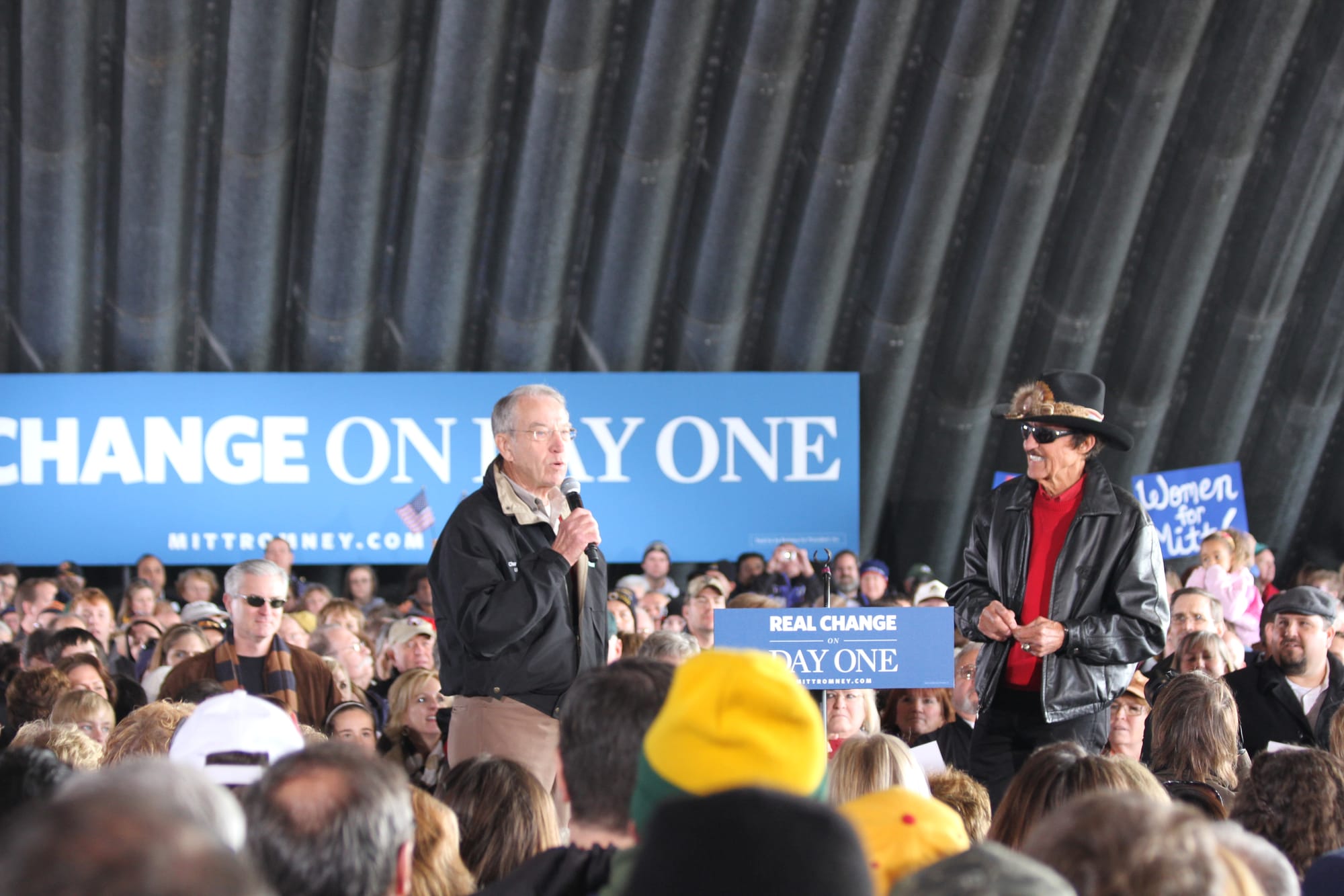 Sen. Chuck Grassley, R-Iowa, at a Romney rally in Dubuque. (Photo by Emily Hoerner)
