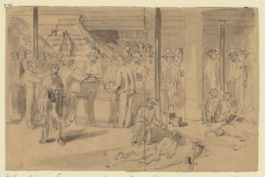 A drawing by William Waud showing exchanged prisoners on board the New York.