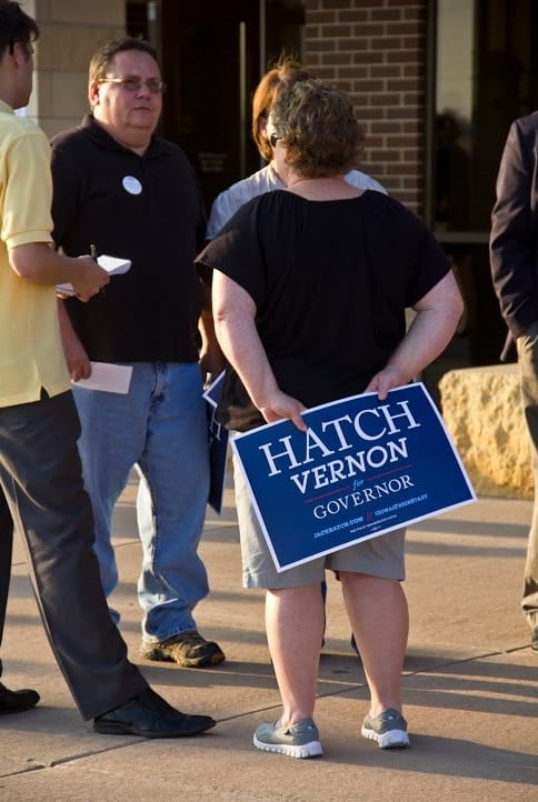 Democrats supporting state Sen. Jack Hatch's gubernatorial candidacy gather before the Sept. 20, 2014, gubernatorial debate in Burlington, Iowa.