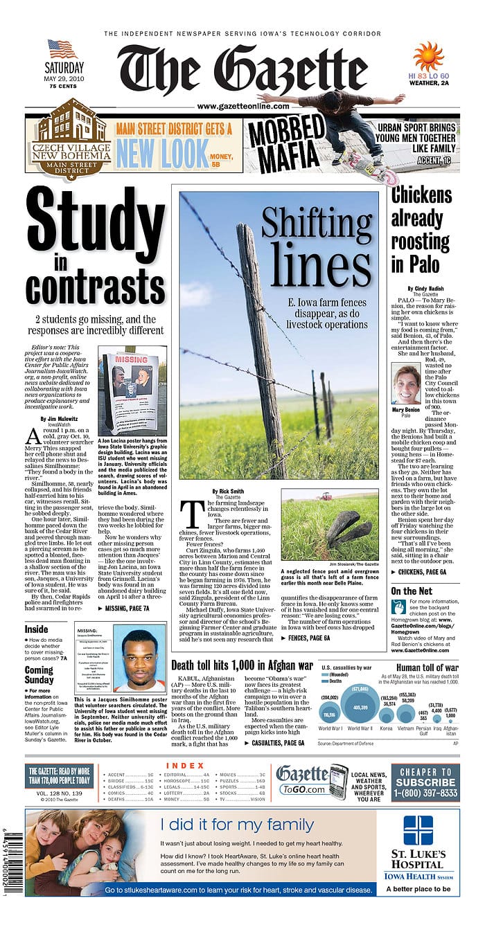 The Gazette front page, May 29, 2010, featuring Jim Malewitz's story about the disappearance of University of Iowa graduate student Jacques Similhomme.