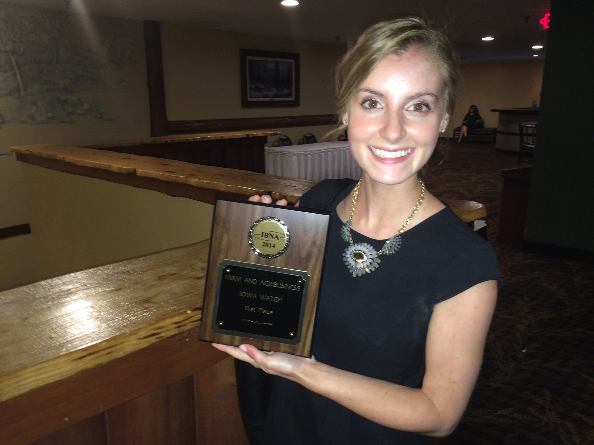 2014-15 IowaWatch assistant editor Sarah Hadley holds the Iowa Broadcast News Association award for farm and agribusiness reporting for large market radio in Iowa. The award included reporting she did for an IowaWatch Connection program. Hadley also won an award for an in-depth report on DITV, where she spent part of her senior year as a television news producer.