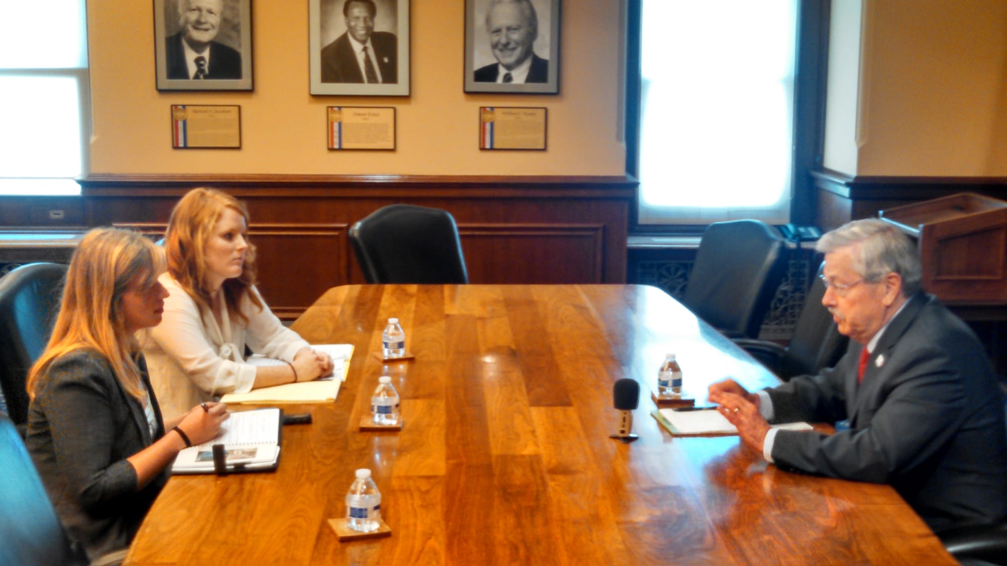 Iowa Gov. Terry Branstad in a July 7, 2015, interview with IowaWatch summer interns Clare McCarthy and Makayla Tendall.