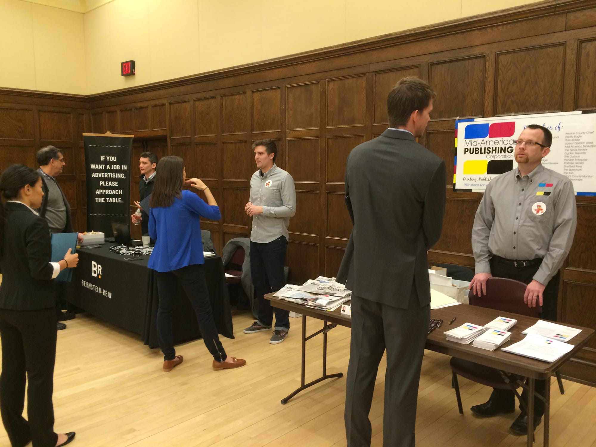 Students talk with prospective employers at an Iowa State University School of Journalism and Mass Communication career fair in Ames, Iowa, on February 26, 2015.