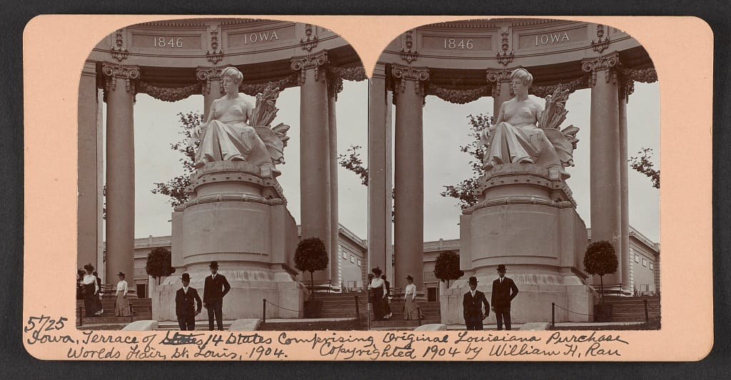 The statue representing Iowa in the terrace of 14 states comprising part of the original Louisiana Purchase at the World's Fair St. Louis in 1904.