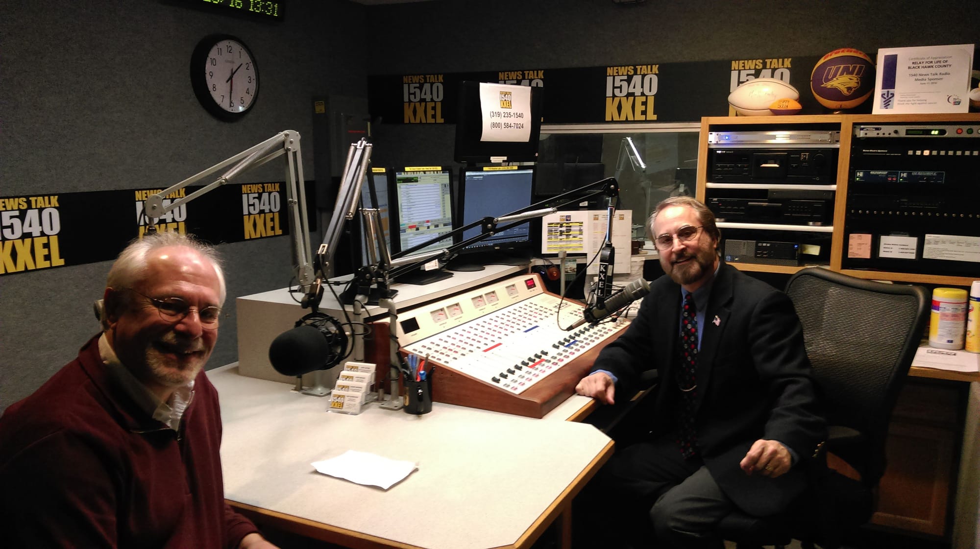 IowaWatch Executive Director-Editor Lyle Muller (left) and IowaWatch Connection program host Jeff Stein in the KXEL studio in Waterloo, Iowa, where the IowaWatch Connection is produced. Photo taken Dec. 28, 2016.