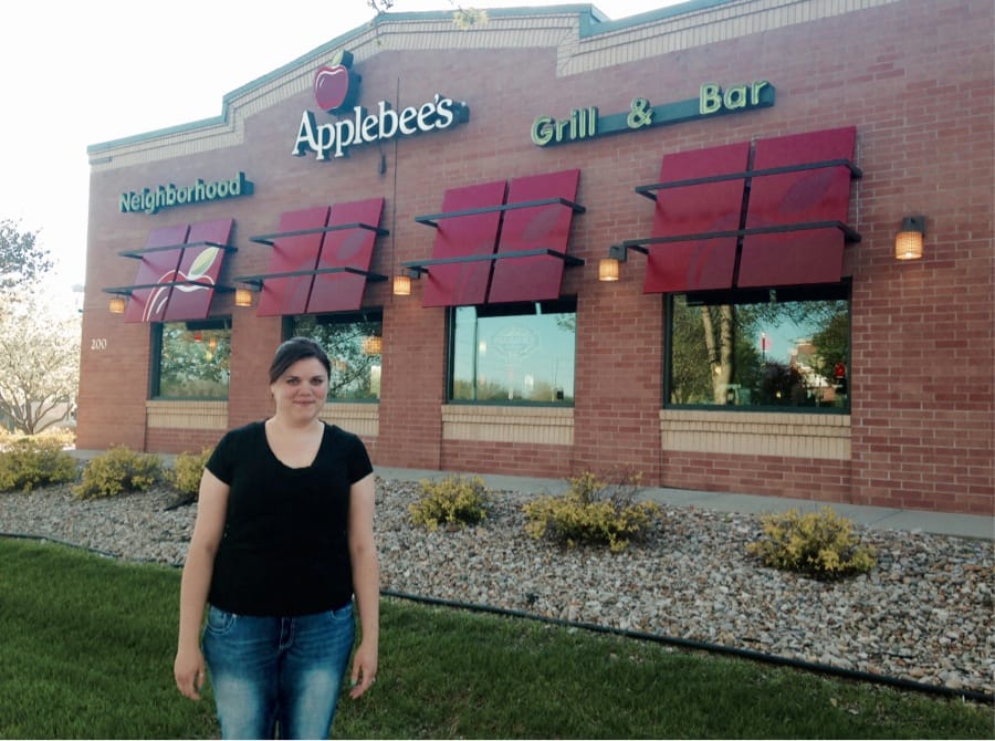 Katie Wilson outside the Coralville Applebee's where she won a wage theft claim. Photo taken April 27, 2015.