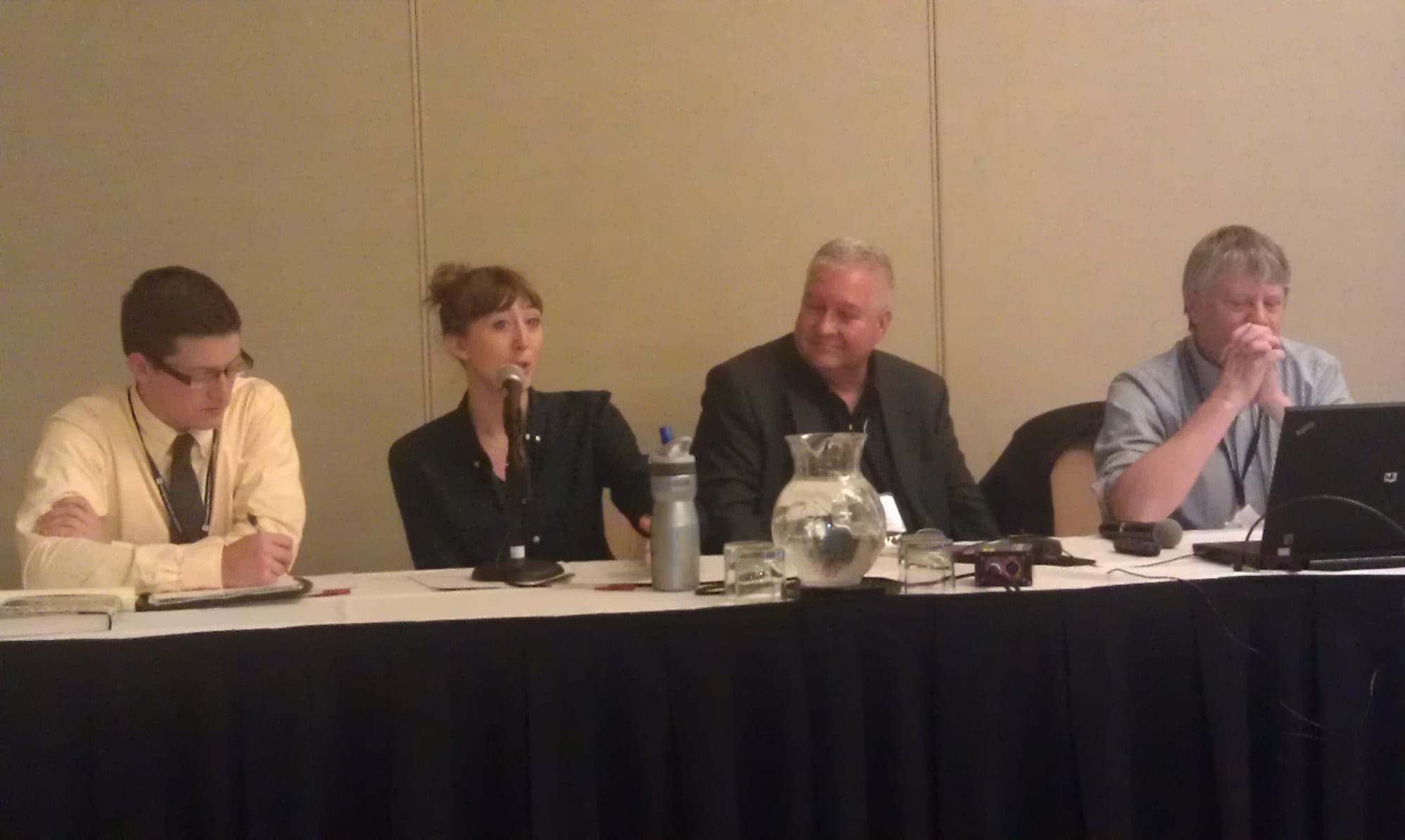 IowaWatch's Lauren Mills talks at the 2014 Investigative Reporters and Editors convention about the use of college students in investigative reporting. The panel, left to right: Nick Penzenstadler of The Post-Crescent in Appleton, Wisconsin; Mills; Andy Hall, executive director, Wisconsin Center for Investigative Journalism; Brant Houston, University of Illinois and Midwest Center for Investigative Reporting.