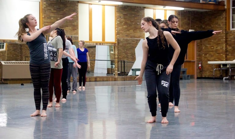 Members of the 2016 University of Iowa Dancers in Company troupe rehearse "Anatomy of a River," one of six dances in the group's Water Works program, on Feb. 11.