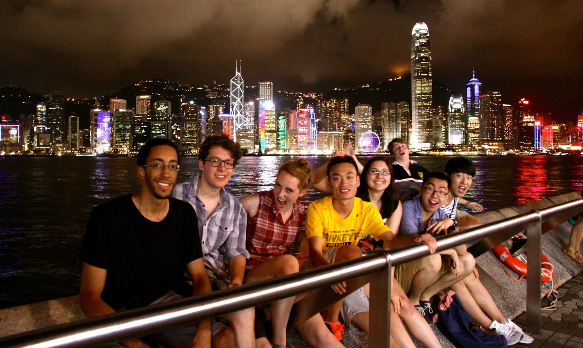 Mandy Gavin (the fourth person in from the right) went to see a light show with her friends in Hong Kong in summer 2015. They randomly asked someone who passed by to take this photo.