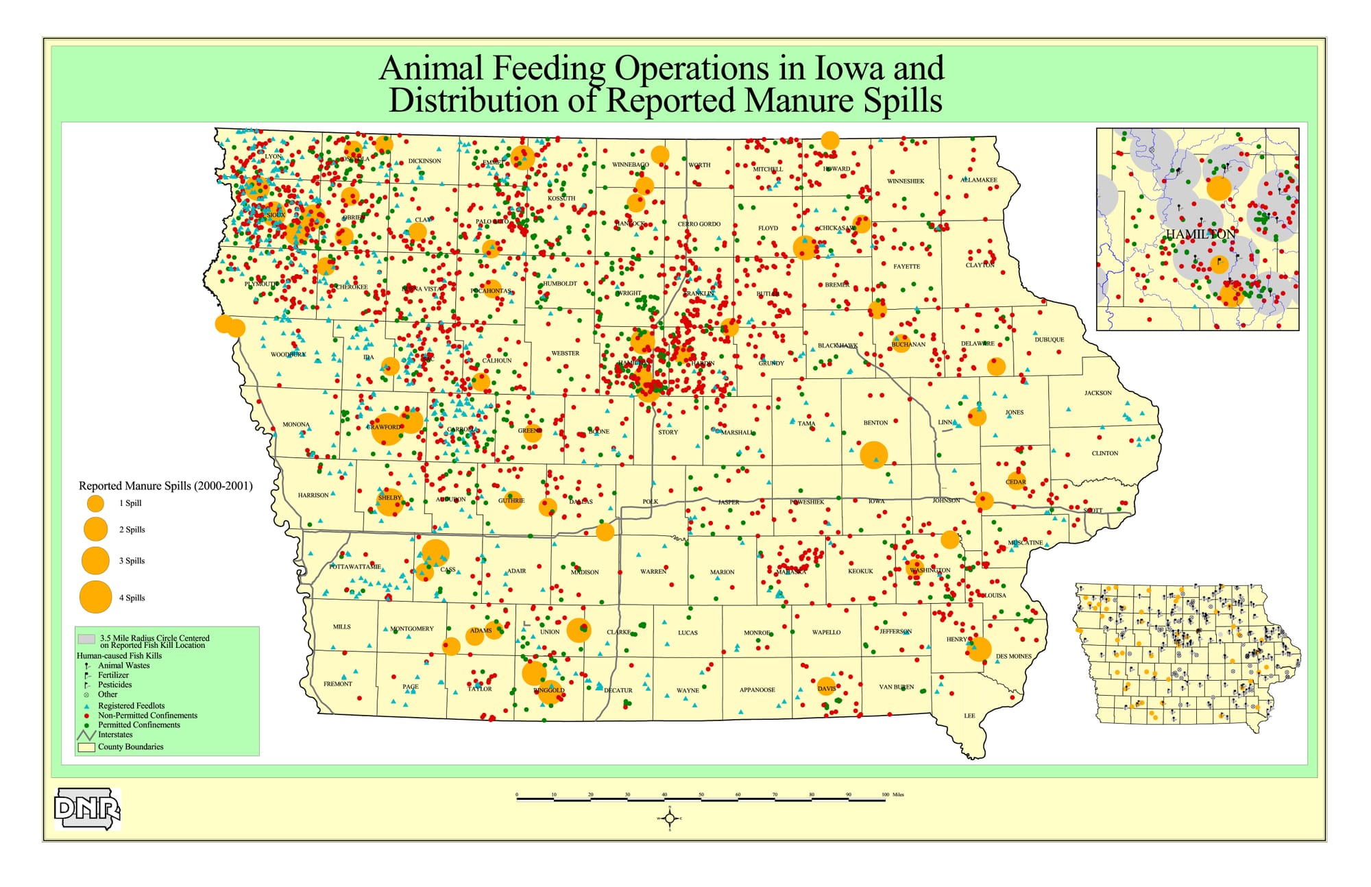 Maps shows the locations of manure spills in Iowa between 2000 and 2001.