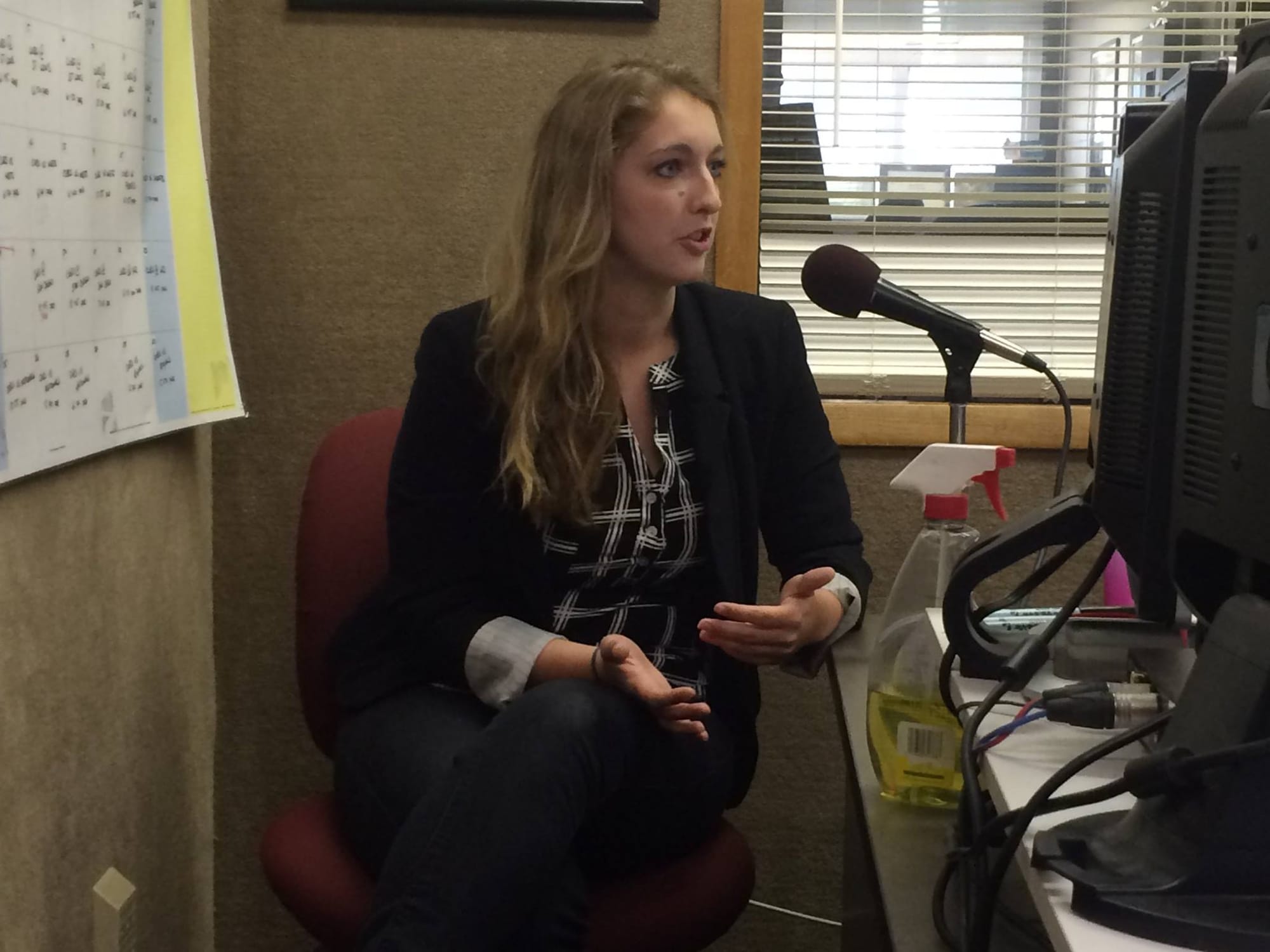 Meghan Horihan speaking on KXIC radio, Tuesday, April 21, 2015, during a monthly 'Our Town' segment featuring IowaWatch.
