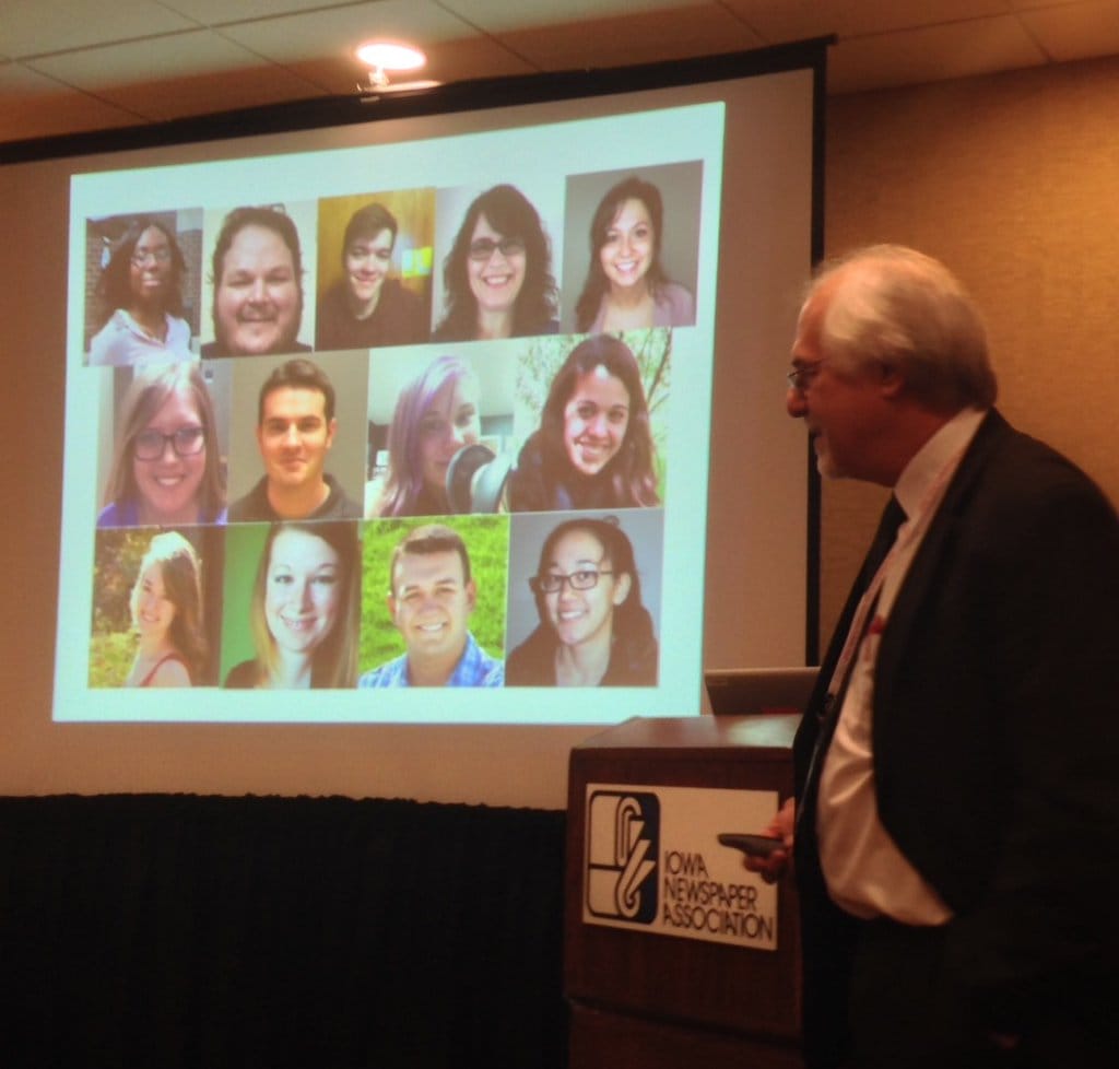 IowaWatch Executive Director-Editor Lyle Muller leads an Iowa College Media Association convention session on student journalists covering the 2016 Iowa precinct caucuses. Shown in the background are photos of some journalists covering the caucuses with IowaWatch. Photo taken Feb. 5, 2016.