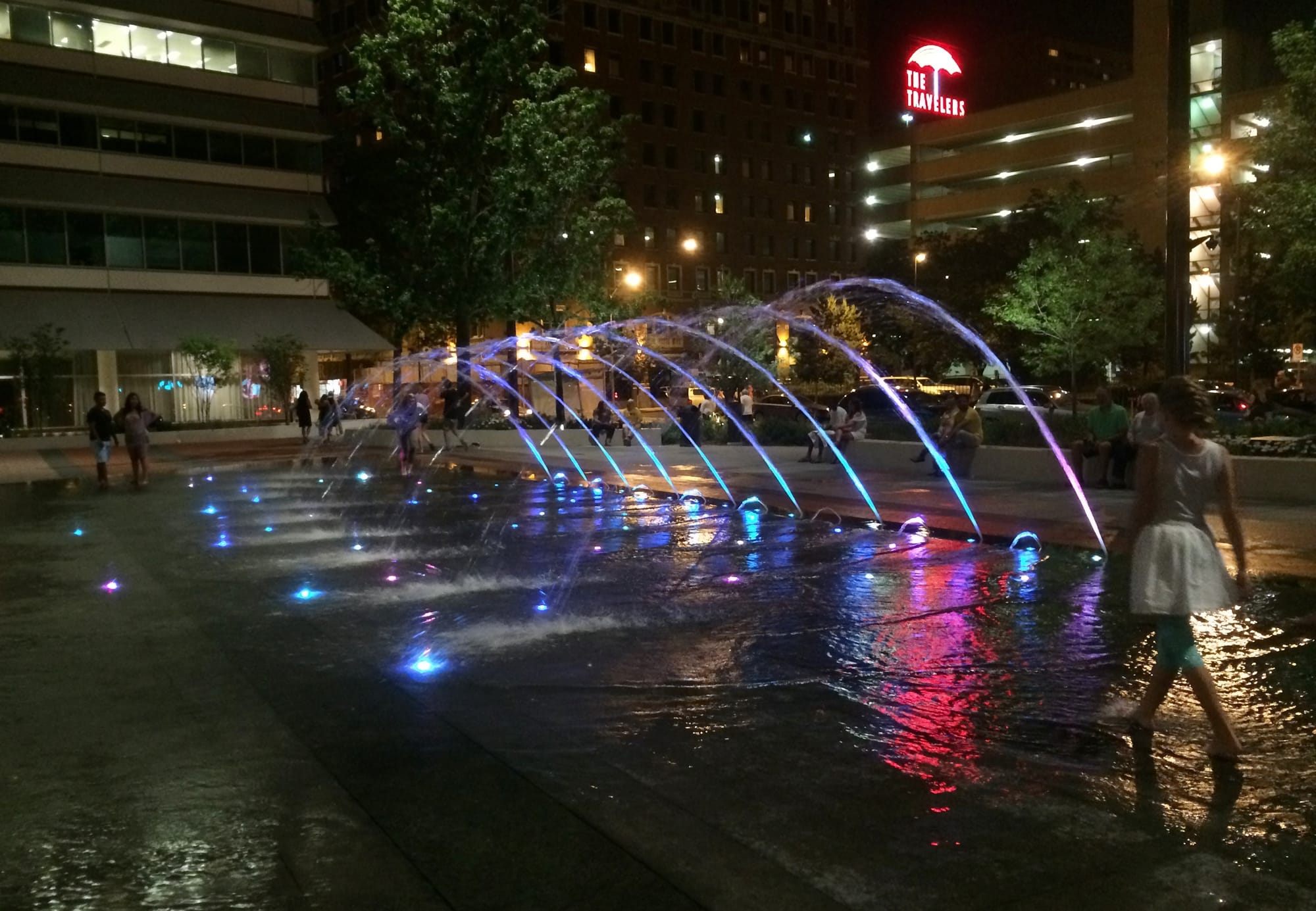 This fountain is part of the recently revamped Cowles Commons in downtown Des Moines that serves as an urban recreational spot.