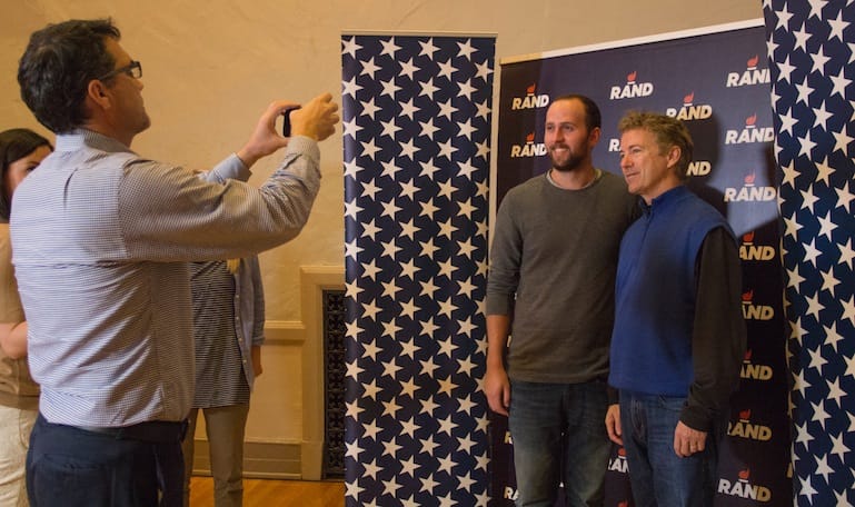 Sen. Rand Paul (R-Ky.) let people take pictures with him during his campaign swing through 11 Iowa college campuses Oct,. 12-14, 2015. He's show here at the University of Northern Iowa in Cedar Falls on Oct. 13.