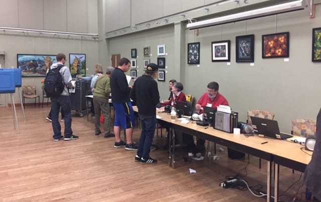 Voters line up at the Iowa City/Johnson County Senior Center in Iowa City, Iowa, to cast ballots on Nov. 8, 2016.
