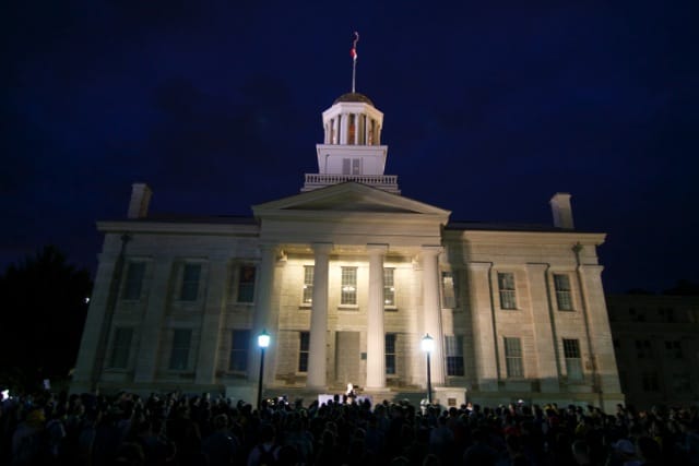 A common form of free speech at college campuses in 2015: presidential campaigns. This crowd gathered in front of Old Capitol at the University of Iowa to hear former Republican candidate Rand Paul speak on Oct. 12, 2015.