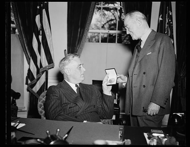 President Franklin Roosevelt awarded George M. Cohan the Gold Medal for creating popular war songs during World War II. Mary Jane Walsh starred with Cohan in “I’d Rather Be Right” where he portrayed the President in 1937.
