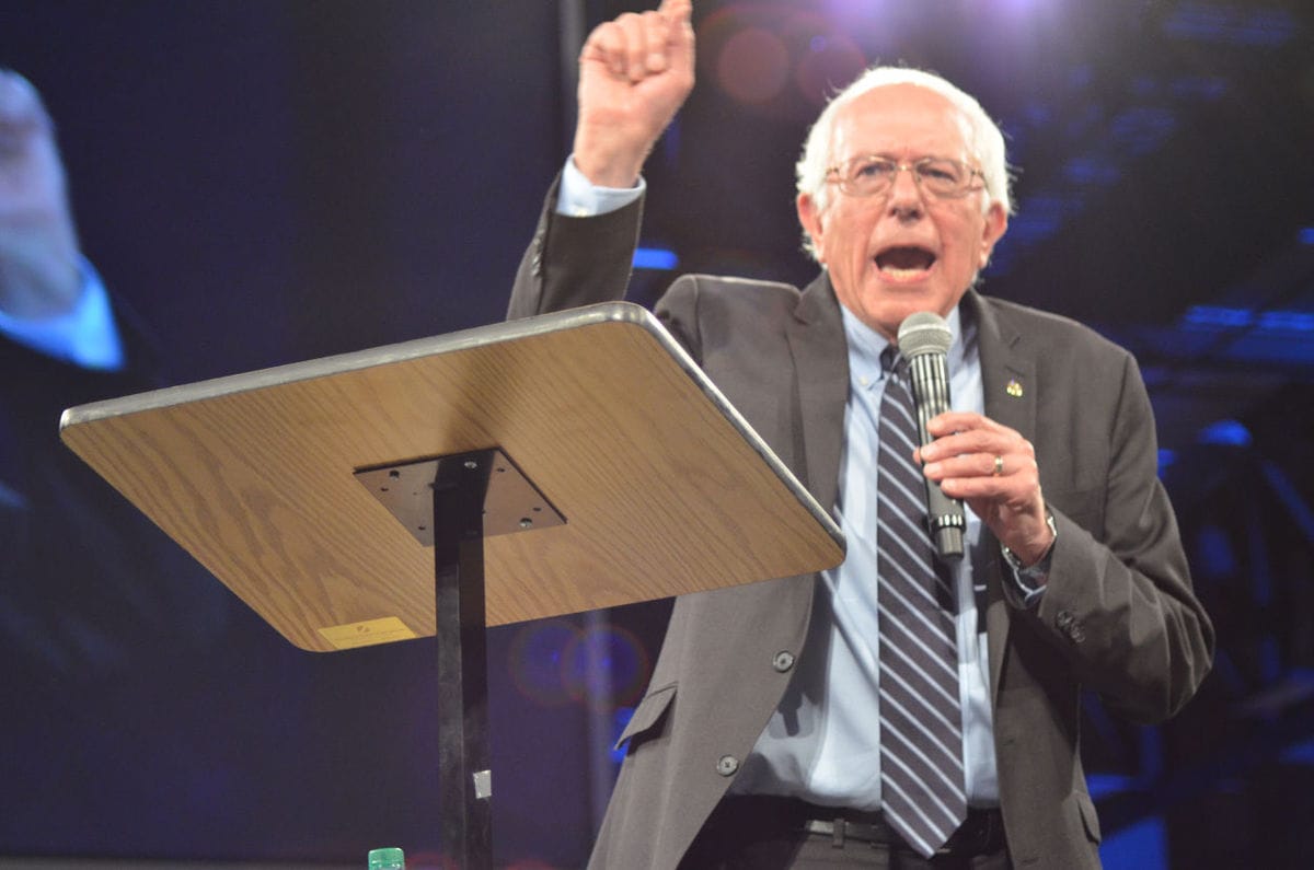 Vermont Sen. Bernie Sanders making a point at the Jefferson-Jackson Dinner in Des Moines on Oct. 24, 2015.