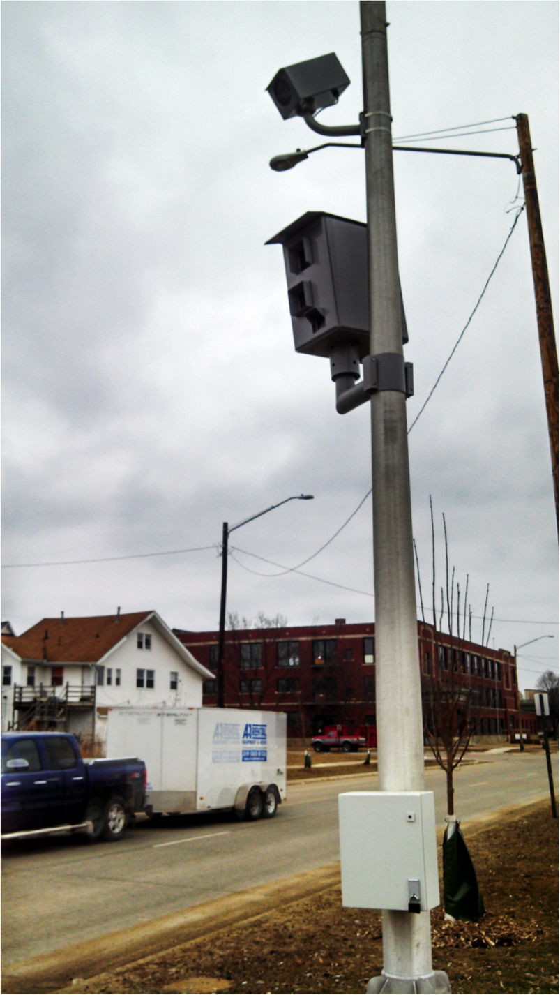 A speed and red light camera monitors the intersection of Second Ave and Sixth Street SW in Downtown Cedar Rapids.