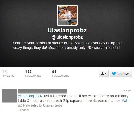 Screenshots of the UIasianprobz Twitter profile and a retweeted tweet, taken March 3, 2014.