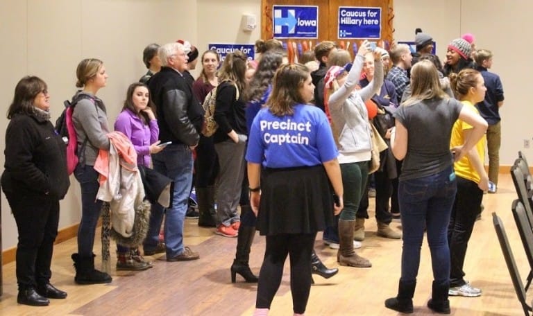 Democratic caucus-goers at the University of Northern Iowa's Maucker Union form viable groups for delegates the night of Feb. 1, 2016.