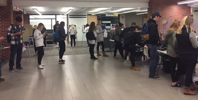 Voters line up at the University of Iowa Memorial Union polling place during the historic Nov. 8, 2016, election.