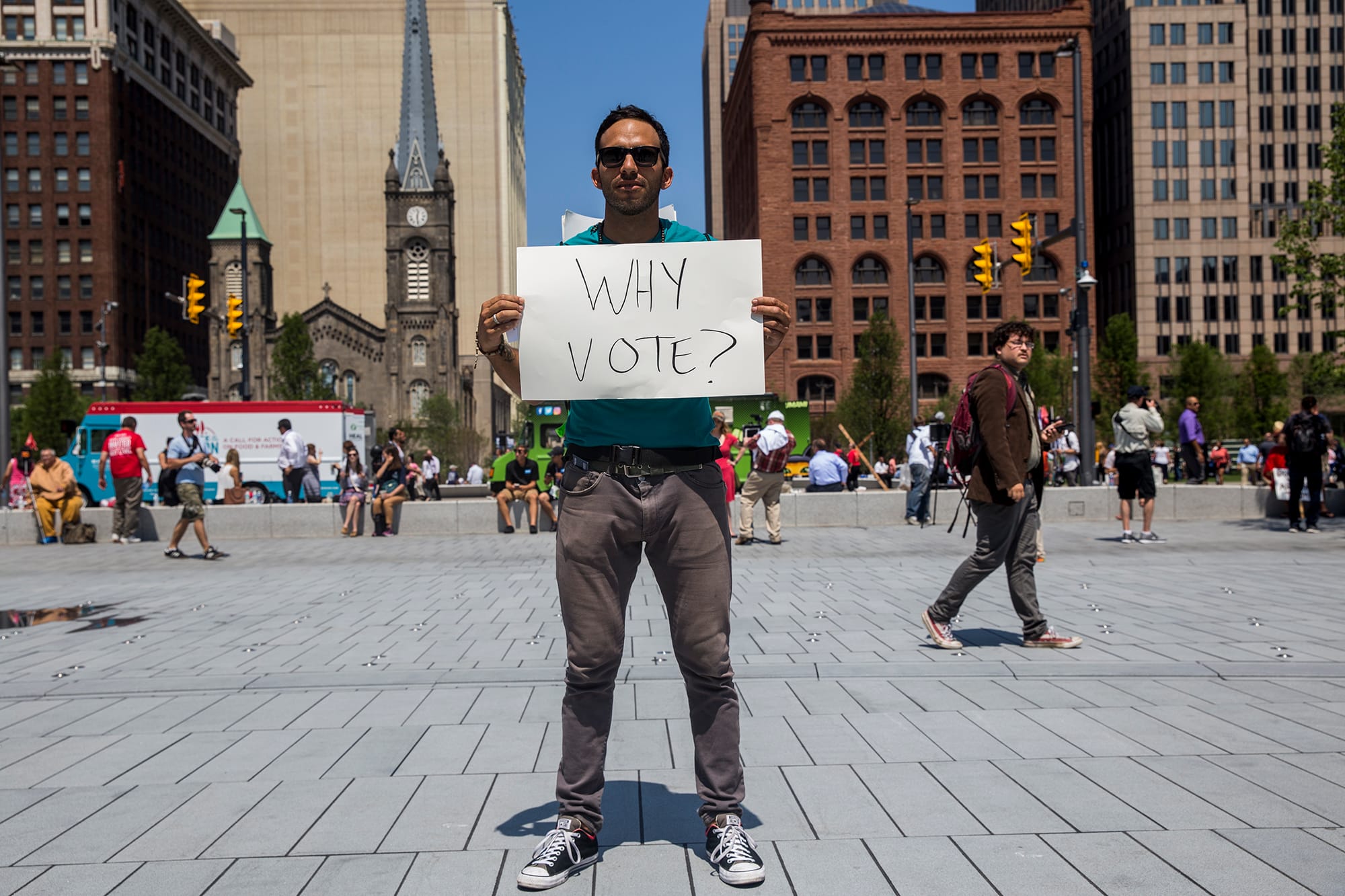 Oskar Mosco, 35, traveled from Santa Barbara, California, to protest in front of the Republican National Convention in Cleveland in July 2016. Protesters gathered in Public Square throughout the week. Mosco doesn’t support Donald Trump or Hillary Clinton for president. He said both candidates do not represent what the majority of Americans want in a president. (Correction: The original News21 photo caption incorrectly spelled the first name of Oskar Mosco.)