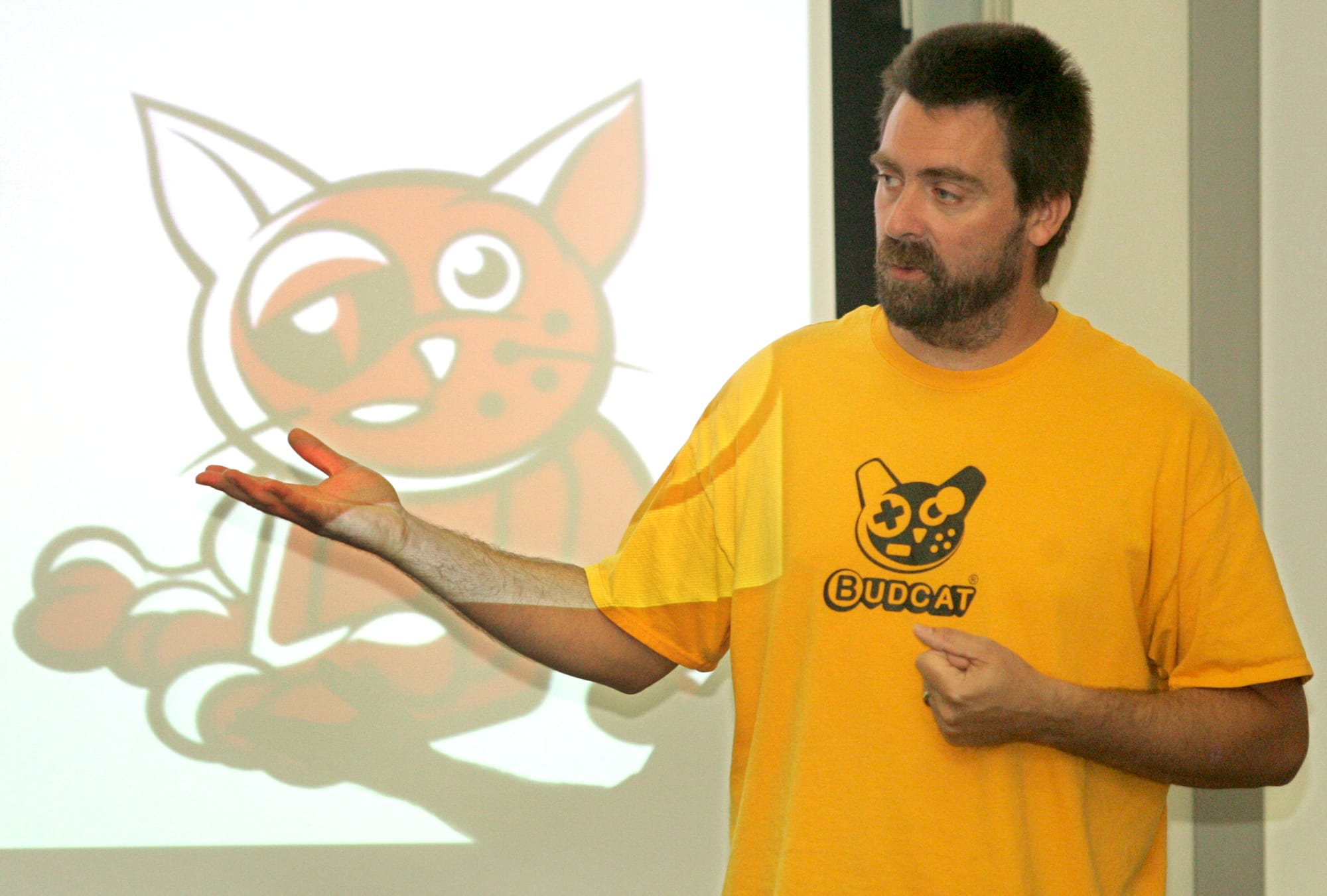 Budcat Creations' Jeremy Andersen gives a presentation at the Jacobsen Entrepreneurship Academy on Wednesday, July 15, 2009. (Photo courtesy of the Iowa City Press-Citizen)