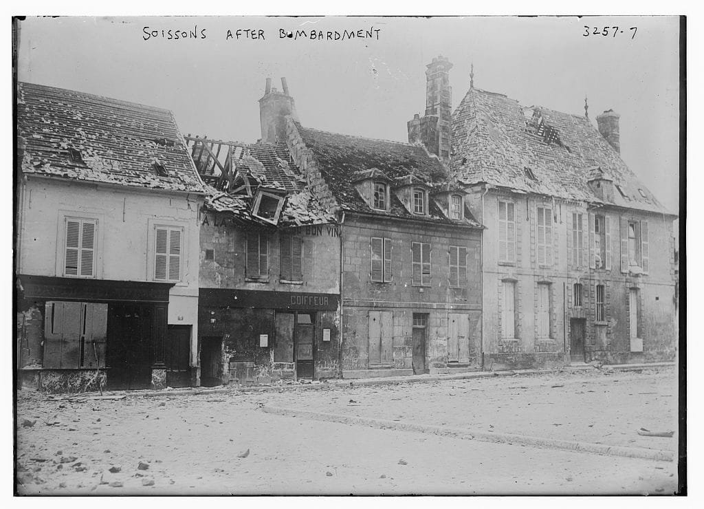 Buildings in Soissons, France after bombardment by German forces during World War I.