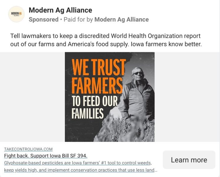 A social media Facebook ad from Modern Ag Alliance that has a black and white image of a farmer; it says 