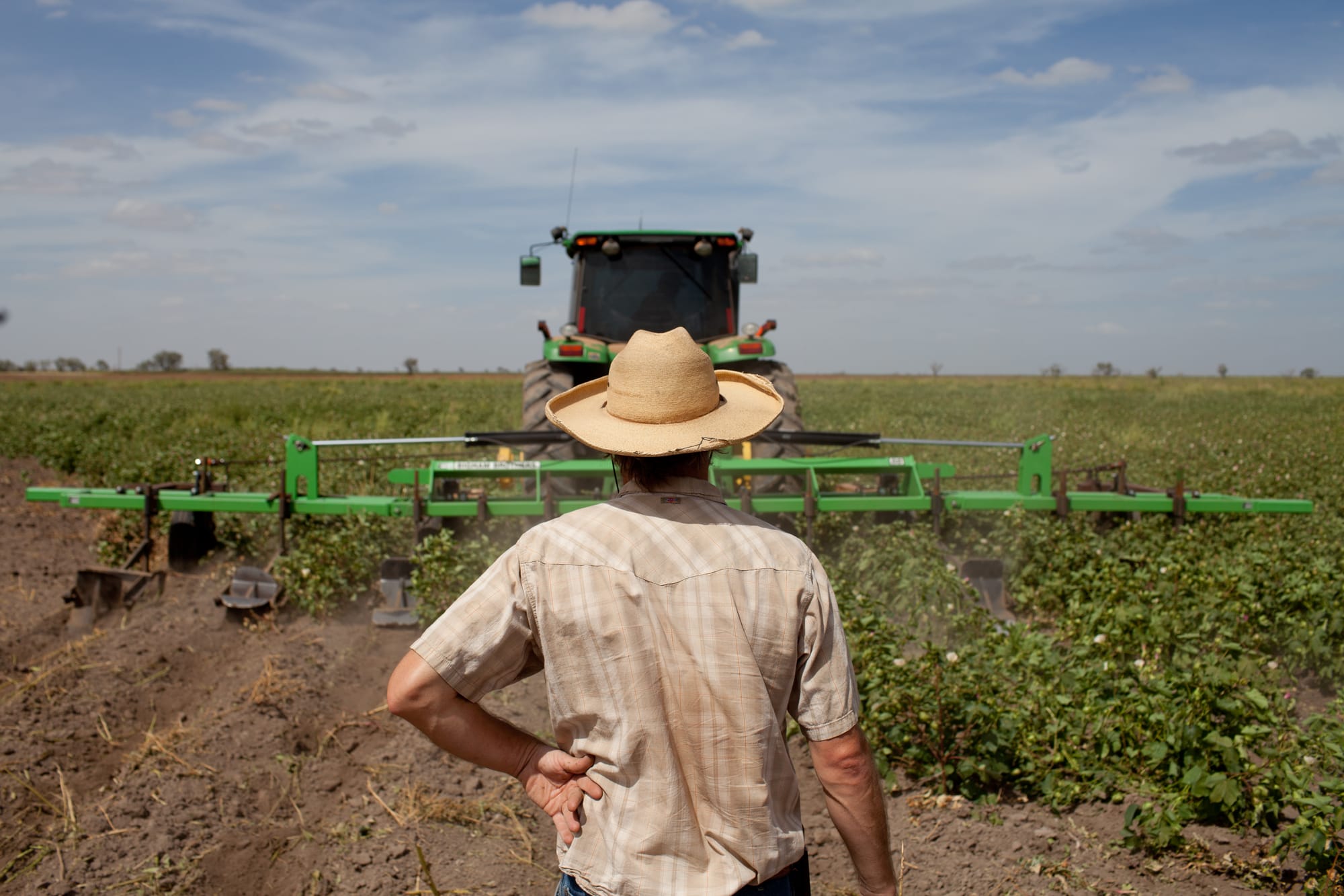 Eric Herm, 36, in one of his cotton fields. Eric Herm farms 6,700 acres of dry land cotton with this father and Eric is growing 250 acres of certified organic cotton which he is most proud of.