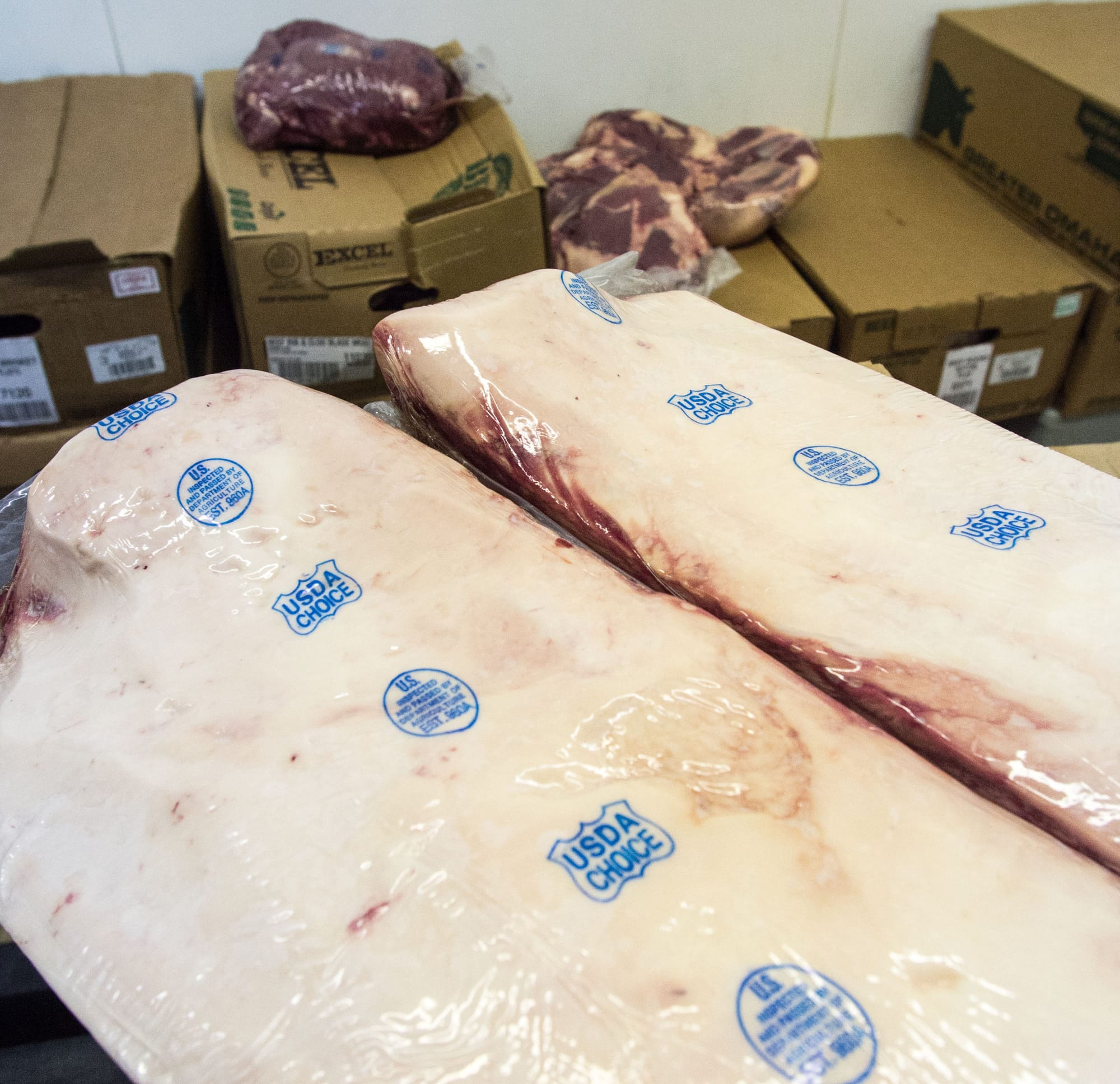 The Old Time Meat & Deli Shop in  Champaign, Ill., cooler holds USDA inspected meat on Wednesday, Oct. 2, 2013. While meat, poultry and eggs will all still be inspected during the shutdown, other routine food inspections conducted by the FDA will stop.