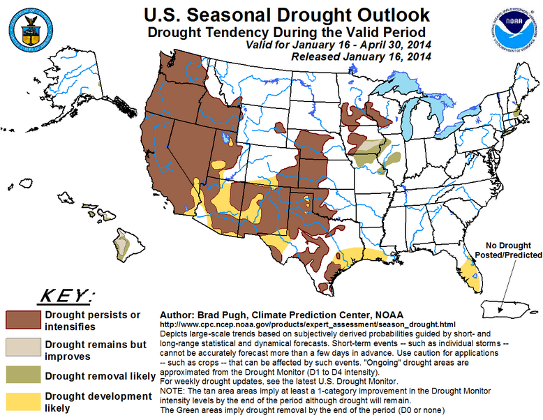 Drought conditions are projected to persist or intensify for much of the western United States, according to Natural Resources Conservation Service predictions. Click on the image to view a larger version of the map.