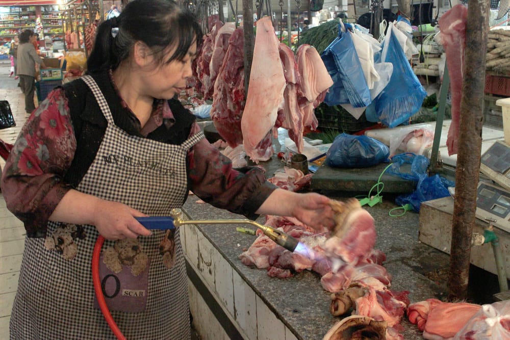A woman uses a torch to scorch a piece of pork in the city of Chengu in southwest China.