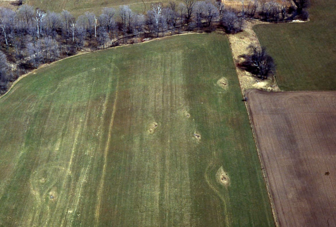 Aerial view of sinkholes in a close-cropped field.