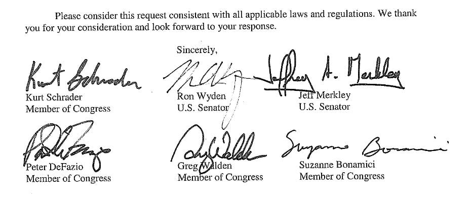 Six of seven House and Senate members from Oregon voiced expressed concern in a letter. The names are signed above.