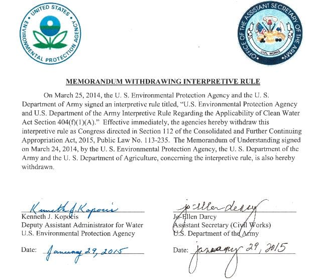 Click on the image to read the official withdrawal notice submitted by the EPA and Army Corps of Engineers. 