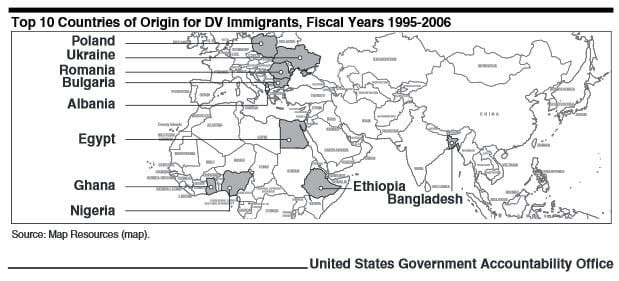 A map showing where diversity visa program immigrants originate. Click on the image to visit the source report.