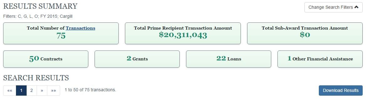 A screen grab from the U.S. spending tool. As shown in the image, this tool helps reporters view federal contract, grant and loan information. Its summary feature puts key information in one convenient spot.