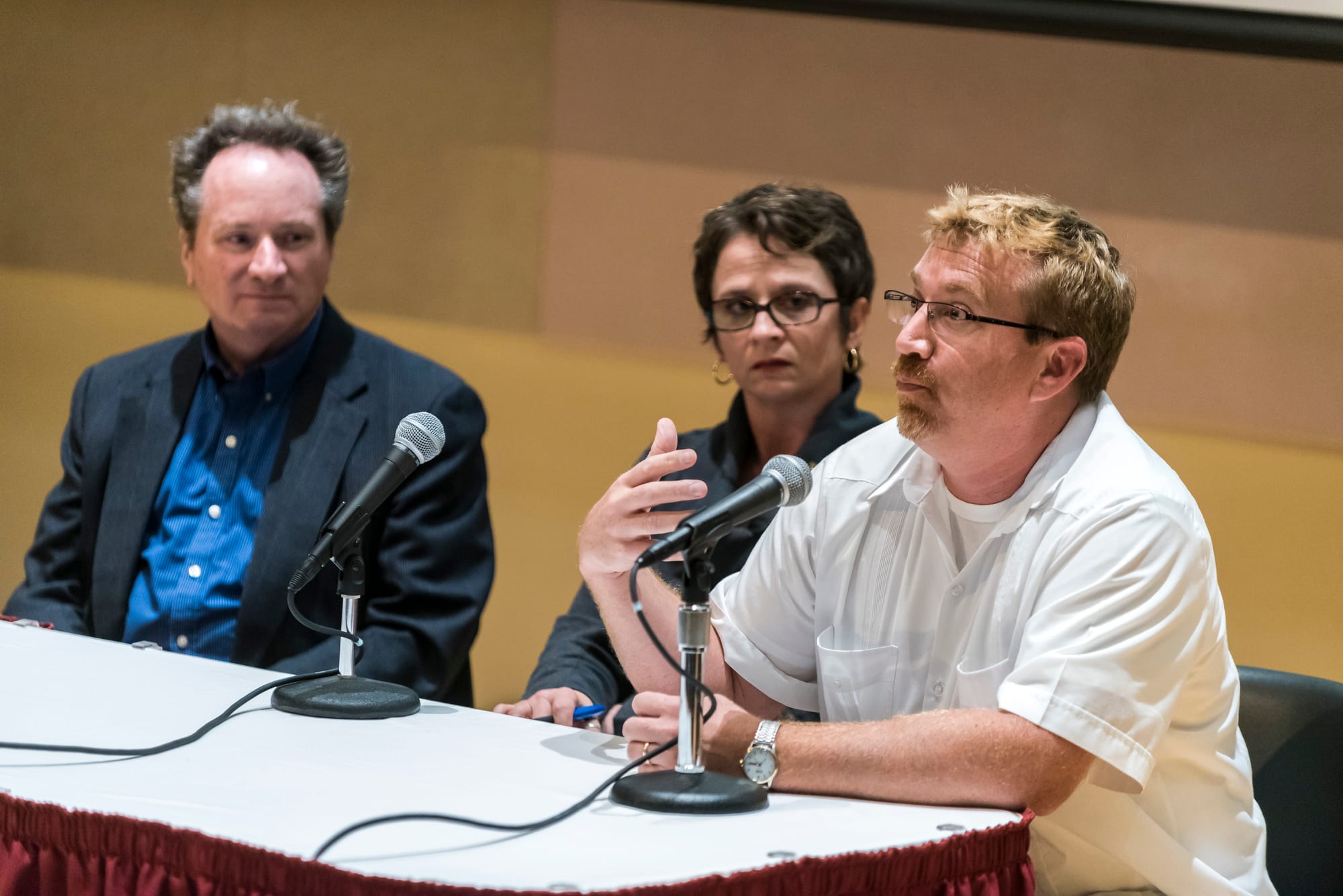 Miguel Keberlein Gutierrez, right; Angela Wiley, center; and Tim Flavin served as event panelists for the Long Journey Home discussion on Sept. 29, 2015.