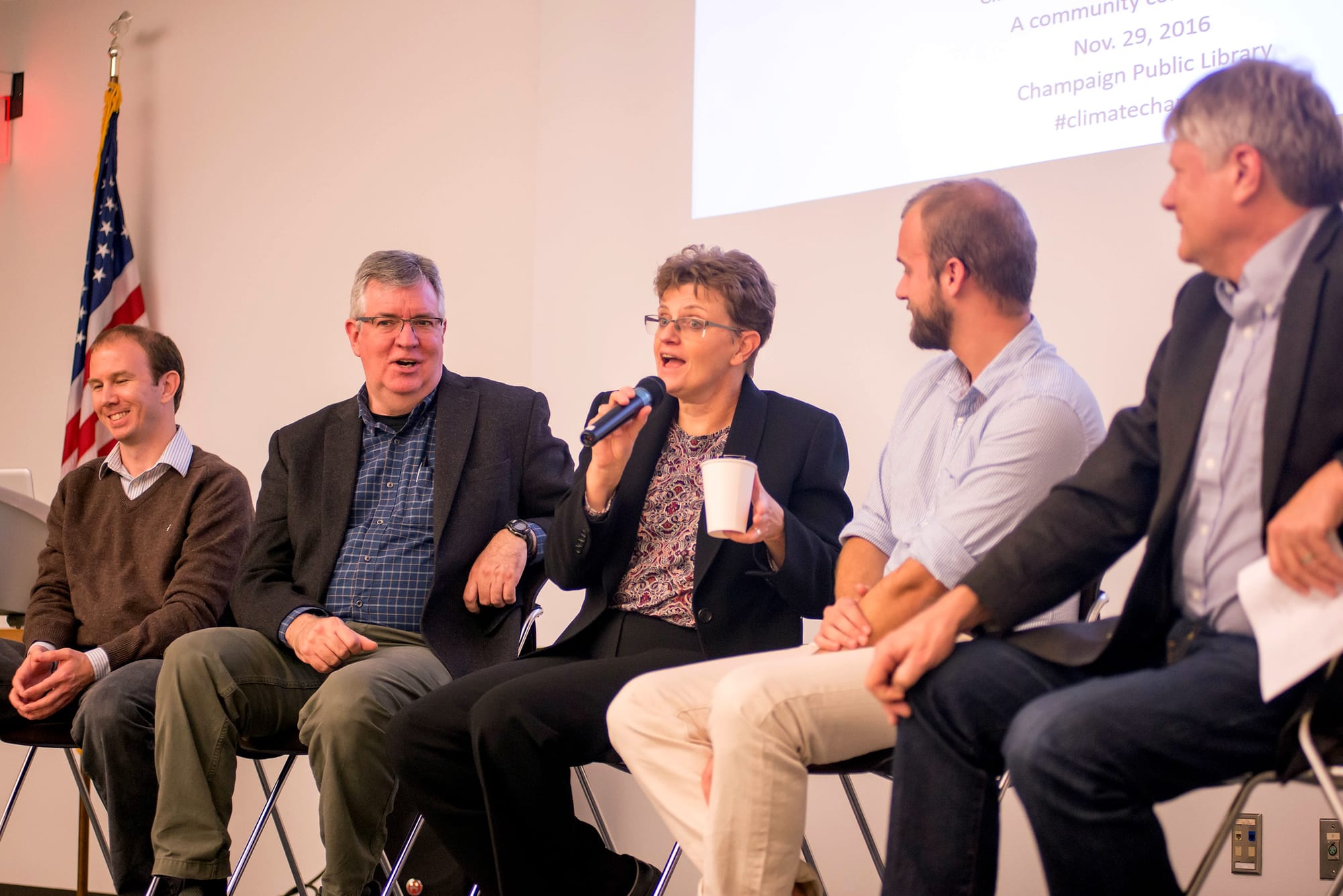 Julie Pryde, administrator of the Champaign-Urbana Public Health District, speaks at "Climate Change in Illinois: A community conversation", sponsored by the Midwest Center for Investigative Reporting, on Tuesday, November 29, at the Champaign Public Library