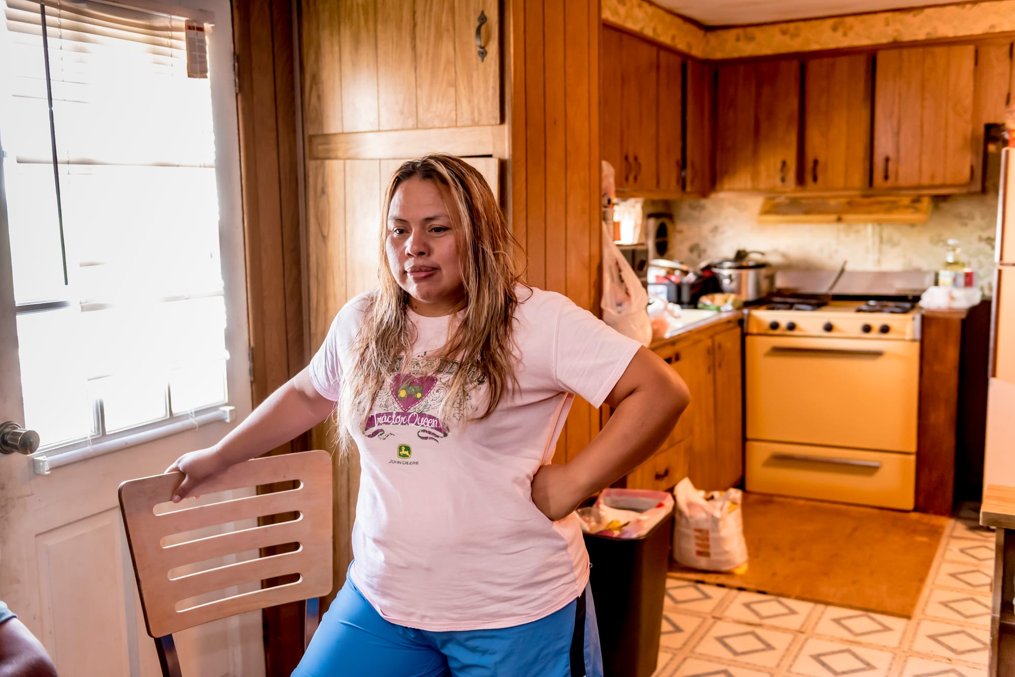 Francisca Lopez, 42, at her temporary home on an orchard just outside of Lexington, Missouri, on June 22, 2016. 