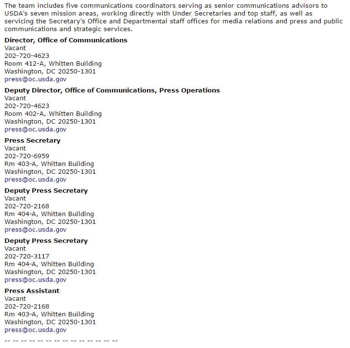 The USDA media page listed all press positions as vacant on Tuesday.
