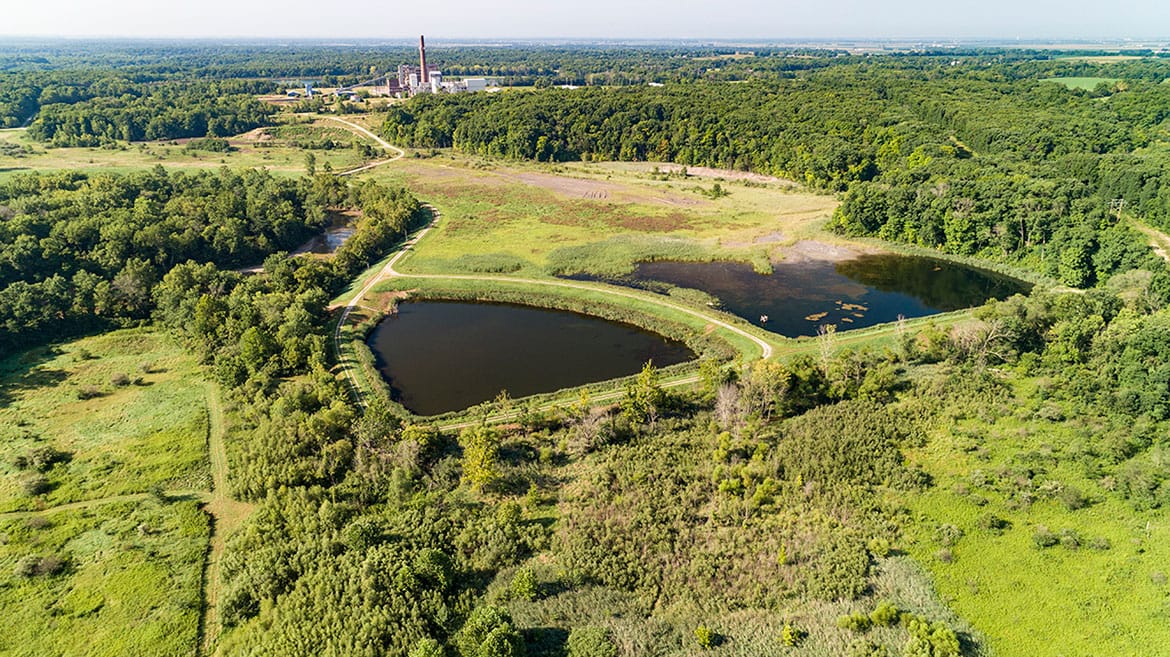 Aerial view of the Vermilion Power Station coal ash ponds next to the Middle Fork River