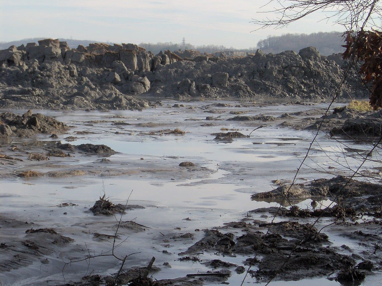 A view of the TVA Kingston Fossil Plant coal ash spill, 1 mile from the retention pond that spilled into the Emory River. The pile of ash in the photo is 20-25 feet high, and stretches for two miles.
