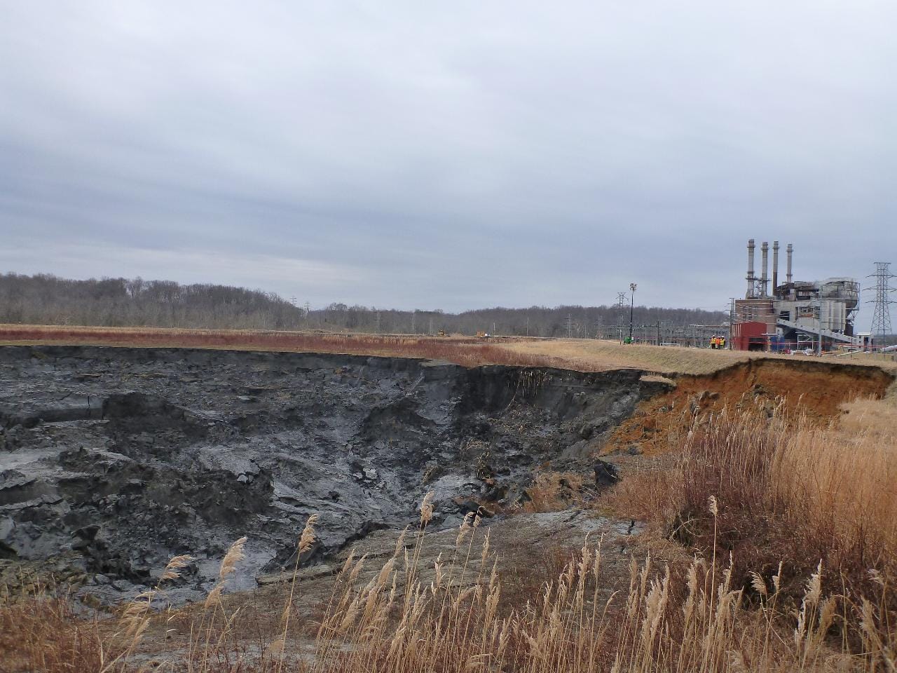 A view of the collapsed coal ash impoundment and closed power plant at Duke Energy's Dan River Steam Station, Eden, North Carolina. 
