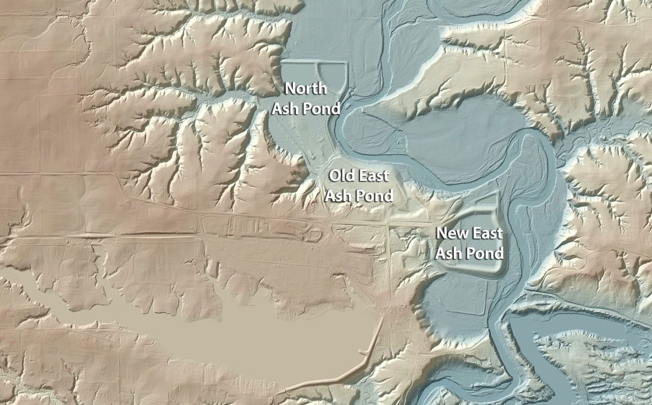 This lidar image shows the main channel and the floodplain of the Middle Fork River. The Vermilion Power Station coal ash ponds are located within the river's floodplain