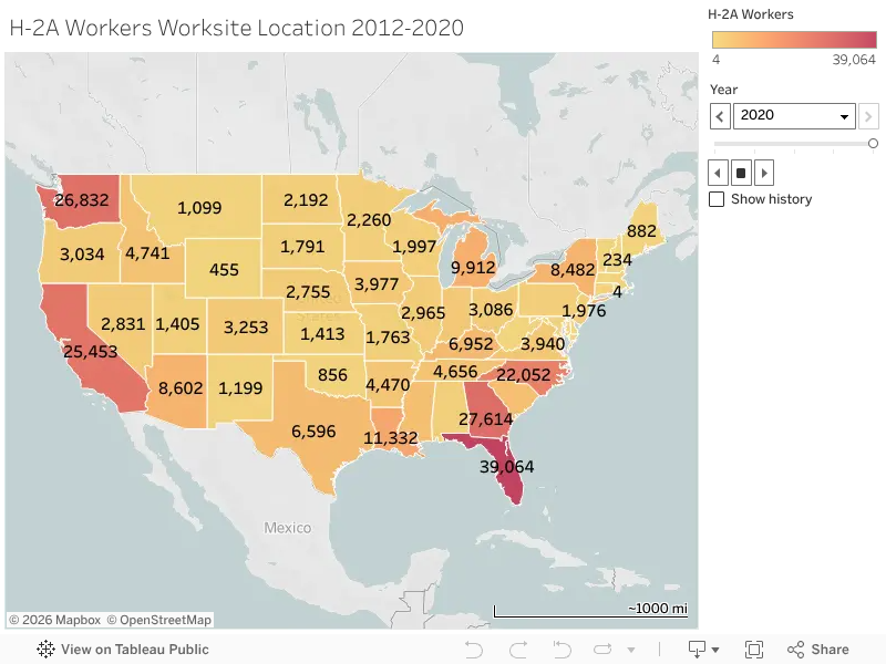 H-2A Workers Worksite Location 2012-2020 